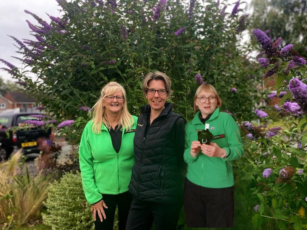 Three people posing in a garden